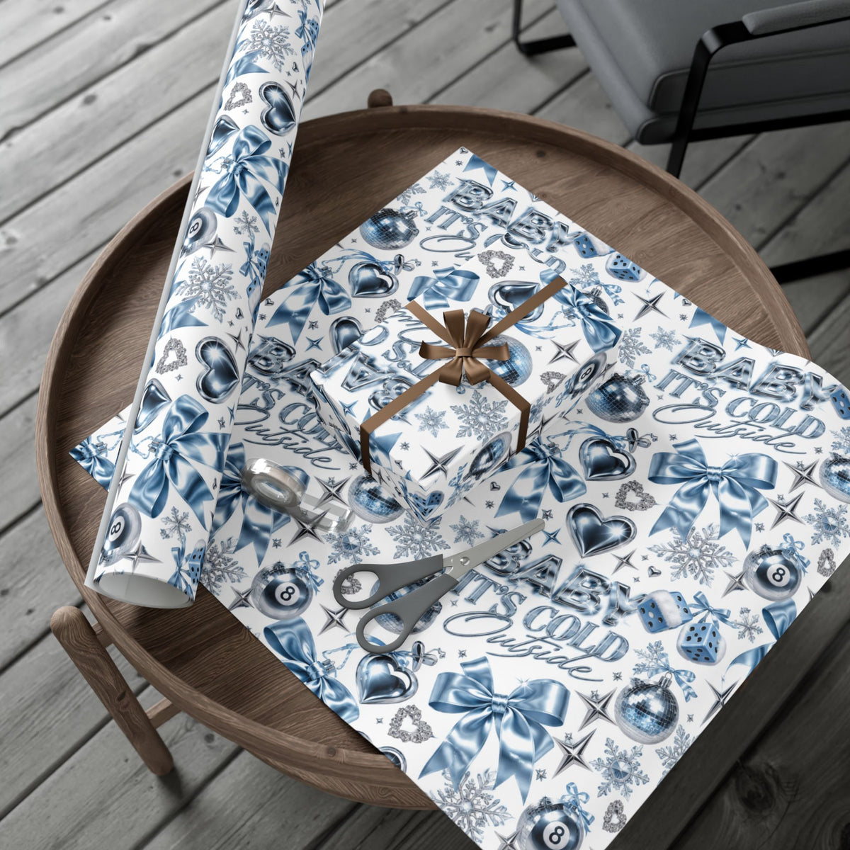 Baby It’s Cold Y2K Christmas Wrapping Paper – Icy Blue & Chrome Holiday Gift Wrap