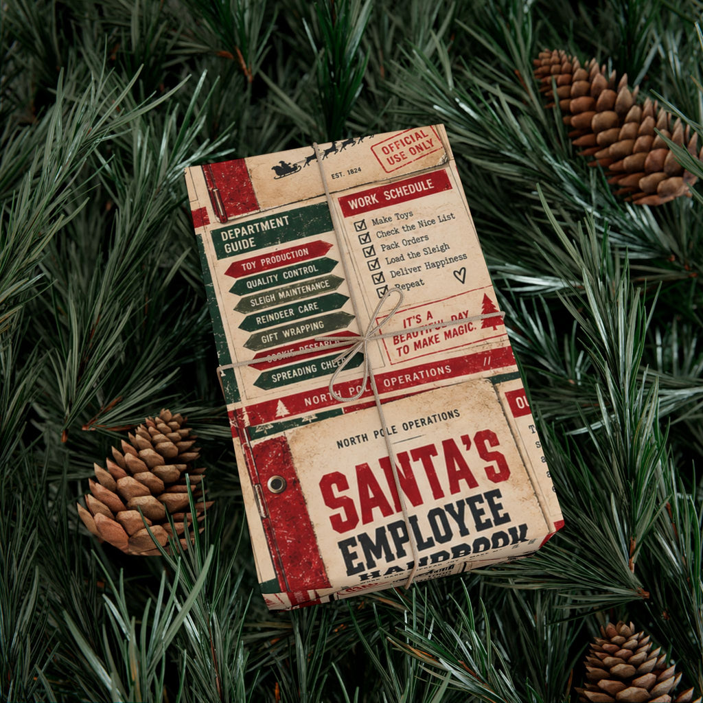 Santa’s Employee Handbook Christmas Wrapping Paper – Funny North Pole Office Holiday Gift Wrap