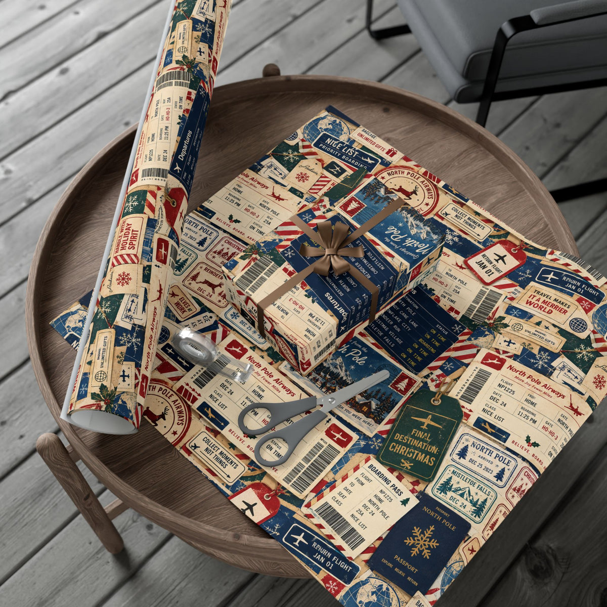 Airmail Vintage Travel Gift Wrap Paper Roll — Retro Postage & Boarding Pass Pattern