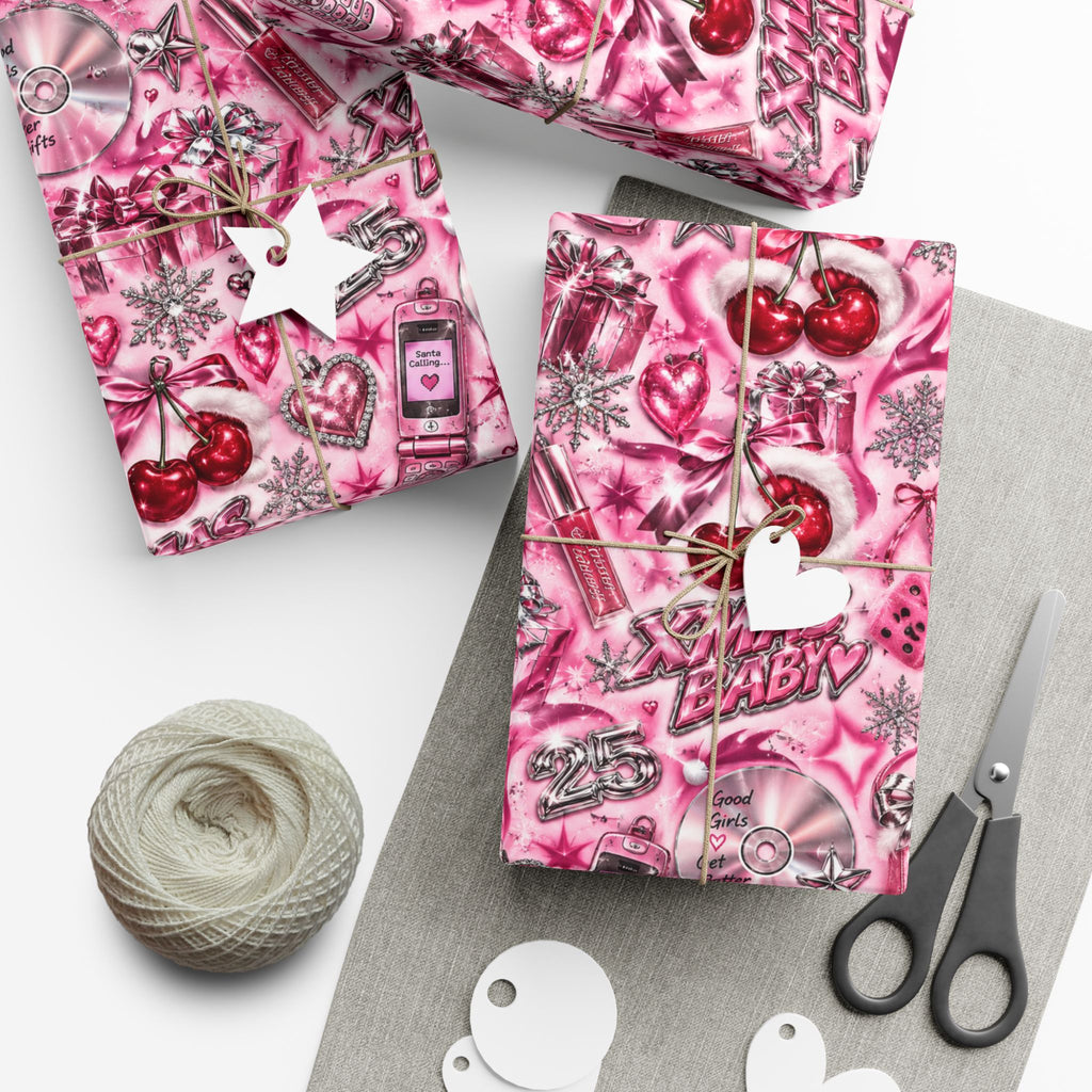 Xmas Baby Y2K Christmas Wrapping Paper – Pink Chrome 2000s Holiday Gift Wrap