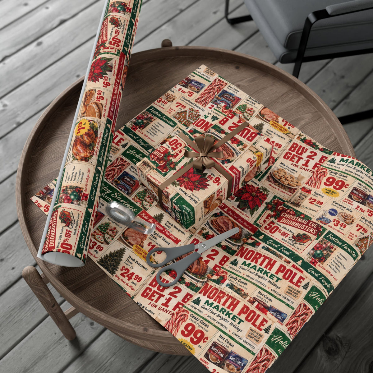North Pole Market Christmas Wrapping Paper – Retro Grocery Circular Holiday Gift Wrap